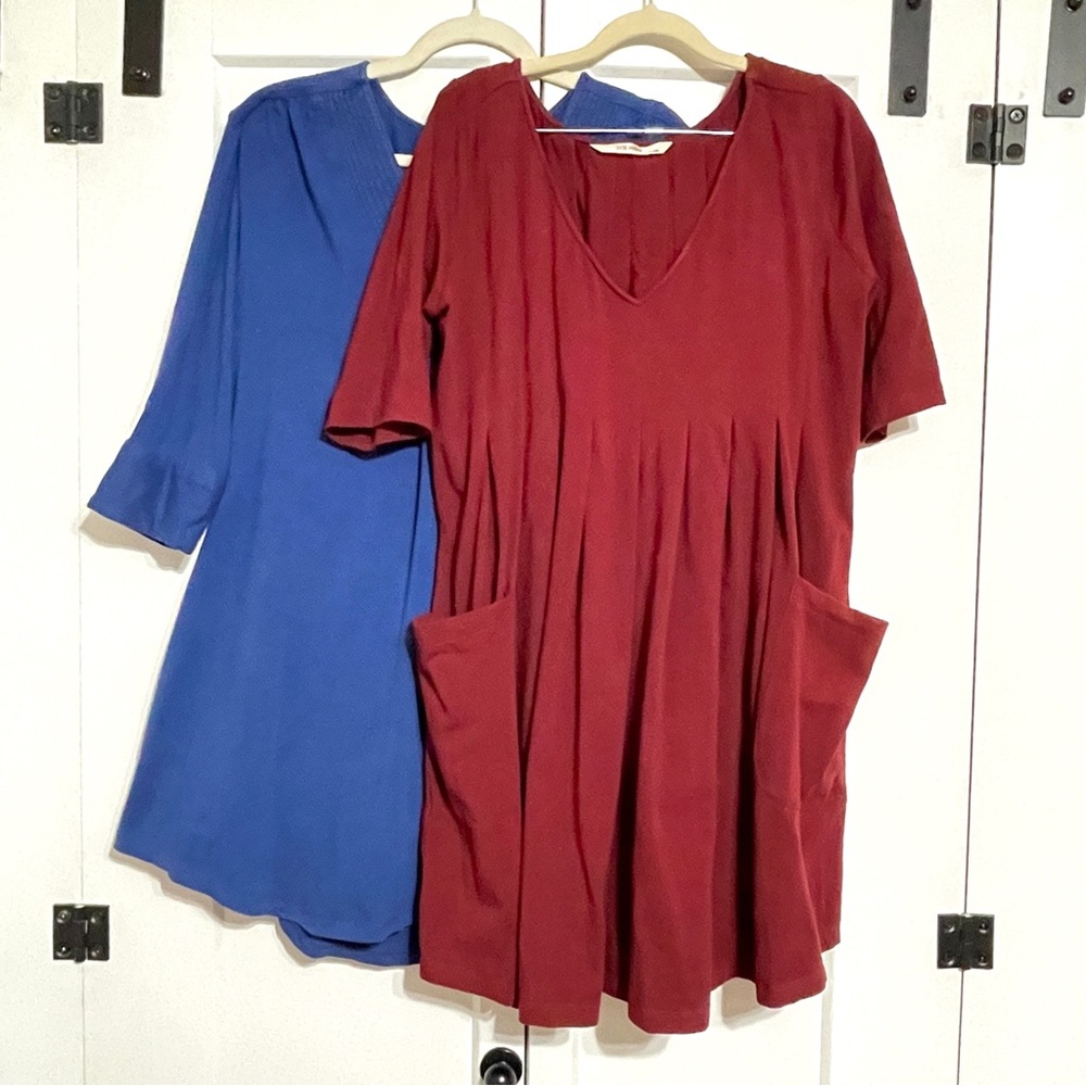 (2) Zapelle Two-Pack Women’s Tunic Tops— Burgundy & Blue, 3/4 Sleeves - 42 Chest
